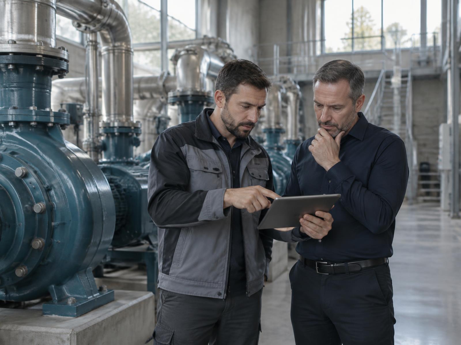 An application engineer and a commercial manager review a tablet together beside industrial pumps in a pumping station